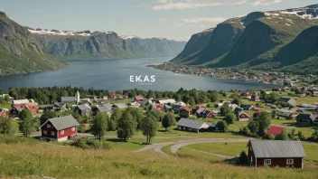 Et idyllisk norsk landskap med en liten landsby og et skilt med navnet 'Eikaas'.
