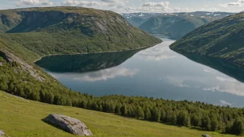 Et idyllisk landskap av Bratsbergs i Norge, med en rolig innsjø og frodige grønne åser.