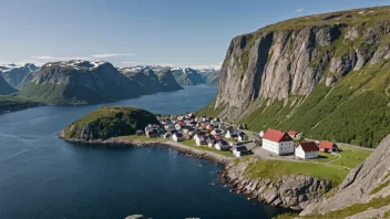 Et fredelig landskap av en norsk fjellkjede med en liten landsby i forgrunnen.
