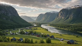 Et pittoreskt norsk dalføre med en liten landsby