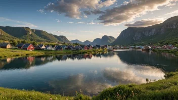 En malerisk landsby omgitt av rullende åser og fjell