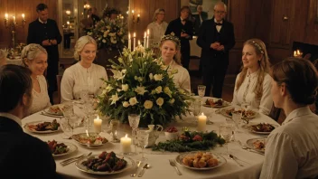 Et tradisjonelt norsk kulturelt arrangement med mennesker samlet rundt et bord, med en midtpunkt som representerer konseptet 'follene'.