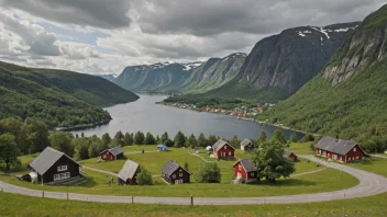 Et pittoreskt landsby i Norge med en skilt med navnet Sundheims