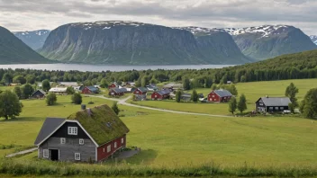 Et idyllisk norsk landskap med en landlig setting, med en gård eller landsby med navnet 'Kvernalands' fremtredende.