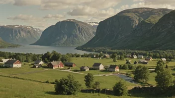 Et idyllisk norsk landskap med en liten landsby eller gård i bakgrunnen.