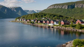 En pittoresk by i Norge med tradisjonelle hus og en fjord.