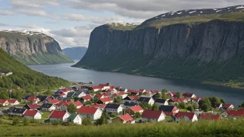 Et idyllisk landskap av en norsk by med et skilt som viser etternavnet 'Valbergs'.