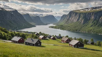 Et fredelig norsk landskap med en liten landsby i bakgrunnen.