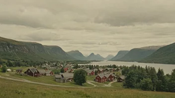 Et idyllisk norsk landskap med en liten landsby eller by i bakgrunnen.