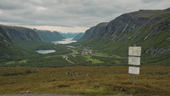 Et idyllisk norsk landskap med en skilt eller et kart som viser beliggenheten til Skrovkjosen.