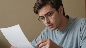 En person med et forvirret uttrykk som ser på et ord på et papir, med en uskarp bakgrunn.