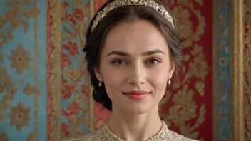 Et portrett av en kvinne med et vennlig ansikt og et mildt smil, med en russisk-inspirert bakgrunn