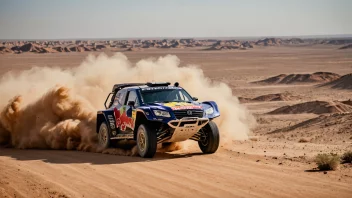 En Dakarrallybil i aksjon, med en ørkenlandskap i bakgrunnen.