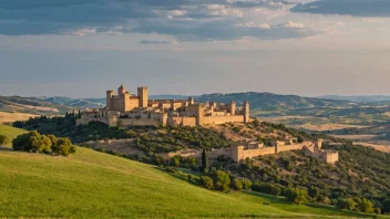 Et malerisk landskap av Castillas, Spania med et slott i bakgrunnen og rullende åser i forgrunnen.