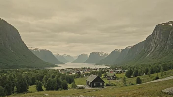 Et idyllisk norsk landskap med en liten bosetning i det fjerne.