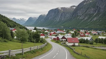 En malerisk bygd i Norge med et skilt som viser navnet 'Brandal'.
