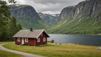 En tradisjonell norsk hytte eller hus med en skilt eller en navneplate som leser 'Torfinnsbu', omgitt av vakker norsk landskap.