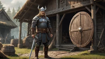 En Vikinghøvding i full rustning, stående foran et langhus.