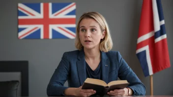 En person som diskuterer et spesifikt tema, med et norsk flagg eller en bok i bakgrunnen.
