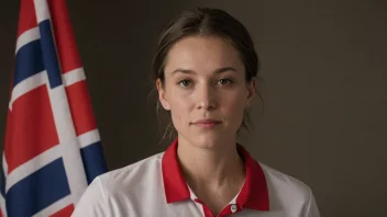 En person med et norsk flagg i bakgrunnen, med en navnelapp som sier Rolfsøn