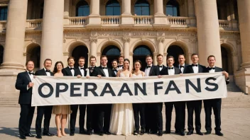 En gruppe operafans samlet foran et operahus, viser sin entusiasme for kunstformen.