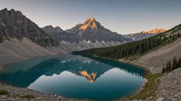 Et majestetisk fjell med et røft landskap og en rolig innsjø i bakgrunnen