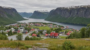 Et pittoreskt norsk landsby eller by med en skilt eller et kart som viser navnet Forviks