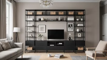 Et modulært oppbevaringssystem med ulike komponenter, som hyller og skap, i en moderne og minimalistisk design.