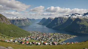 Et malerisk landskap av et norsk fjell eller en by med navnet 'Berghs' fremtredende