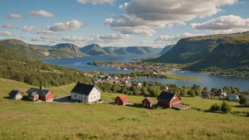 Et pittoreskt norsk landskap med en liten bosetning i bakgrunnen.