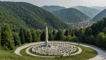 Et bybilde av Srebrenica med et minnesmerke eller monument i forgrunnen, omgitt av fjell og skoger.