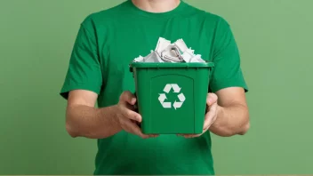 En person som holder en resirkuleringsbehålder med papir og plast, med en grønn bakgrunn og et resirkuleringsymbol.