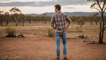 En person kledd i en avslappet, australsk-inspirert outfit, stående foran et stort outback-landskap.