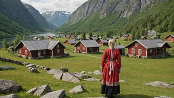 Et idyllisk landskap av en norsk dal eller landsby med tradisjonelle klær eller tilbehør i forgrunnen.