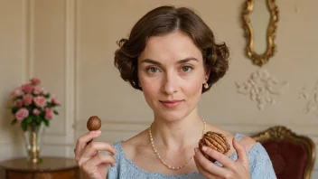 En kvinne med et mildt smil, som holder en nøtt eller en liten nøtt, som symboliserer opprinnelsen til navnet Evelyn.