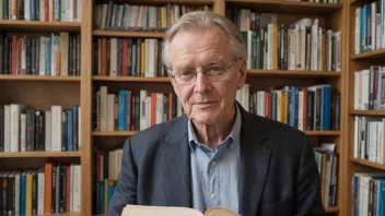 En person med en bokhylle i bakgrunnen, med bøker skrevet av Gunnar Staalesen.