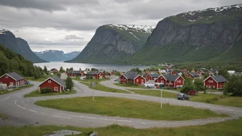 Et pittoreskt norsk landsby med en skilt som viser navnet Flagestads