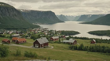 Et idyllisk norsk landskap med en liten landsby eller by i bakgrunnen.