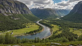 Et fredelig landskap av Hunndalen-dalen med fjell og trær