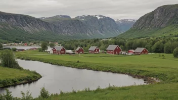 Et idyllisk norsk landskap med en liten bosetning i bakgrunnen.