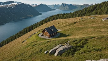 Et fredelig og åndeløst bilde av et norsk fjell eller ås med en karakteristisk form, med en liten hytte eller hus på toppen, omgitt av vakker natur.
