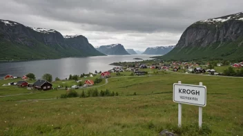 Et idyllisk norsk landskap med en liten landsby og et skilt med navnet 'Krogh'.