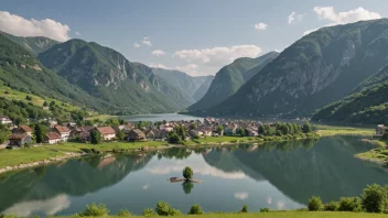 Et fredelig og pittoreskt landskap som viser en liten norsk landsby eller by, muligens med en naturlig eller geografisk formasjon i bakgrunnen.