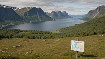 Et idyllisk norsk landskap med et skilt eller et kart som viser navnet Bratlands