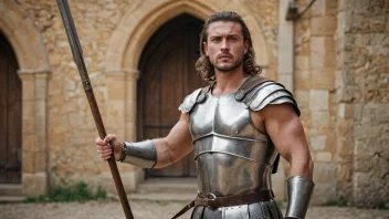 En mann med et sterkt og selvbevisst uttrykk, som holder et spyd eller en spydkaster.