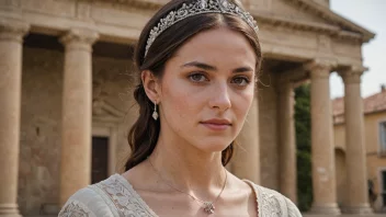 Et portrett av en kvinne med en bestemt uttrykk, omgitt av symboler på kultur og historie.