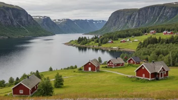 Et idyllisk norsk landskap med noen hus og en skilt med navnet Høiland