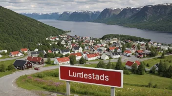 Et pittoreskt norsk tettsted med en Lundestads-skilt.