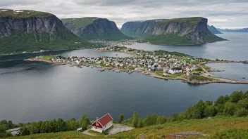 Et pittoreskt kystlandskap i Norge med en liten bosetning