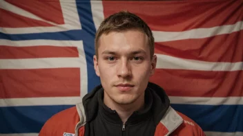 En person med et norsk flagg i bakgrunnen, med navnet Yngvars skrevet i tykke bokstaver.